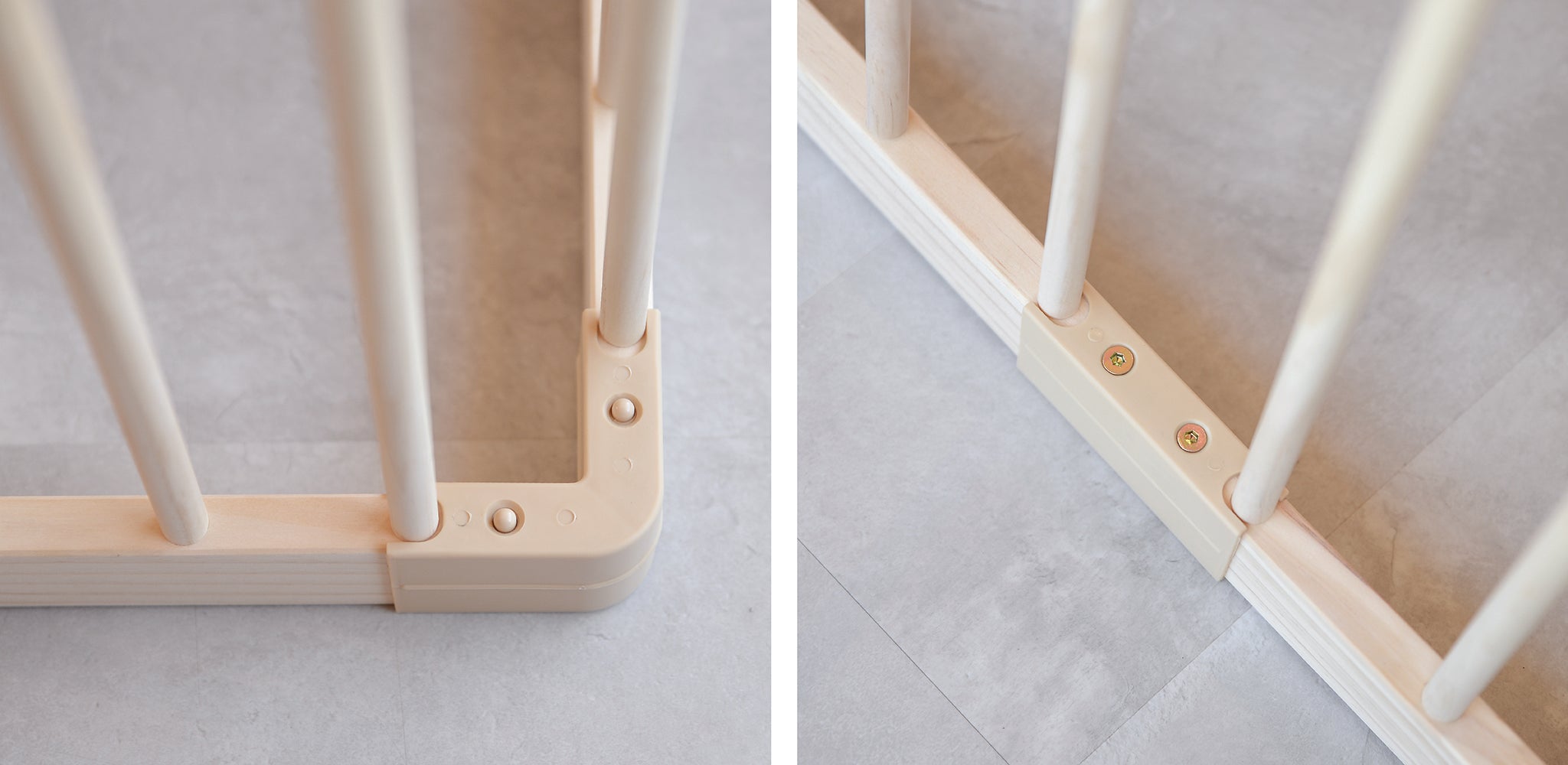 Close-up of a wooden baby playpen with connectors on a light gray background