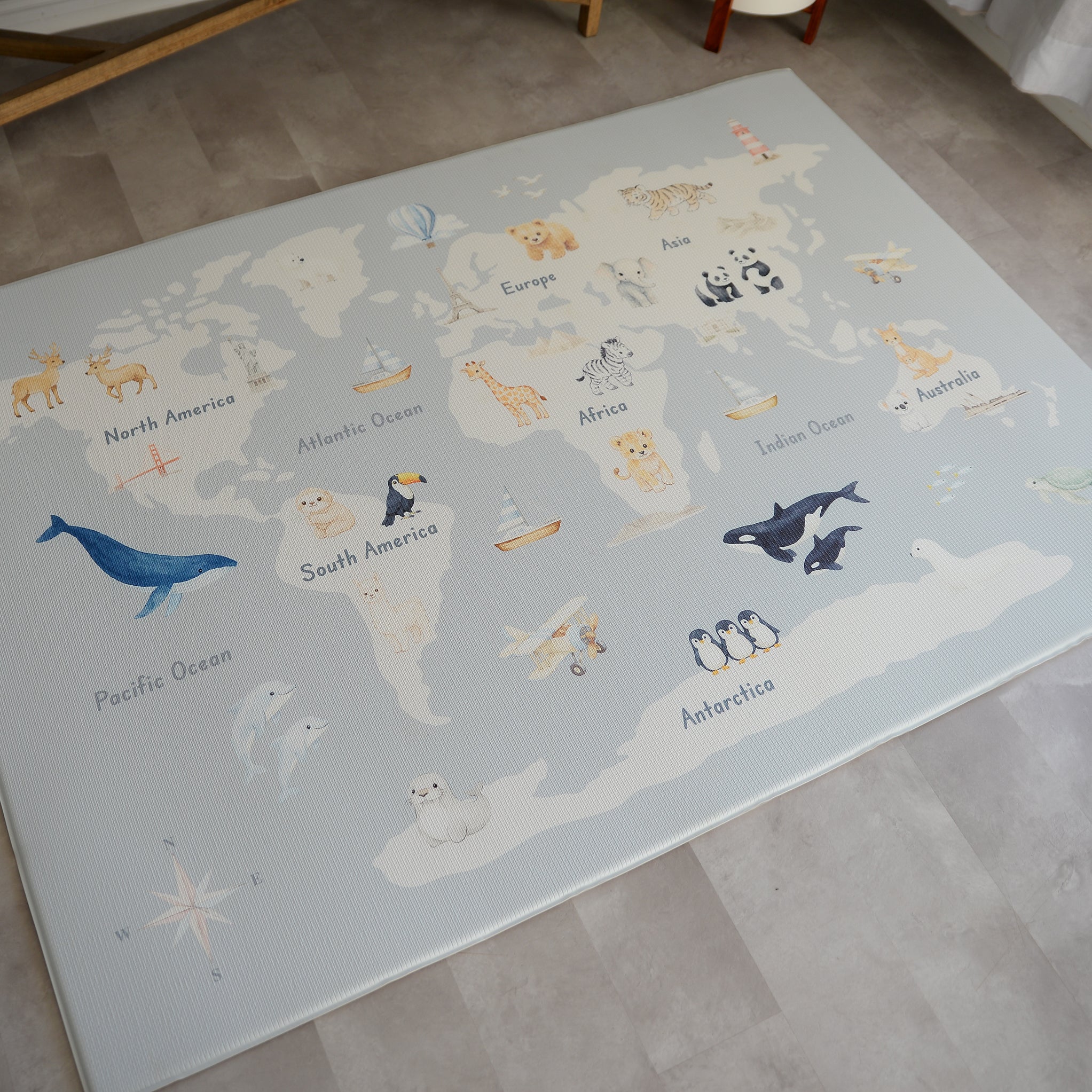 Large Padded Play Mat - English World Map/Herringbone (Beige)