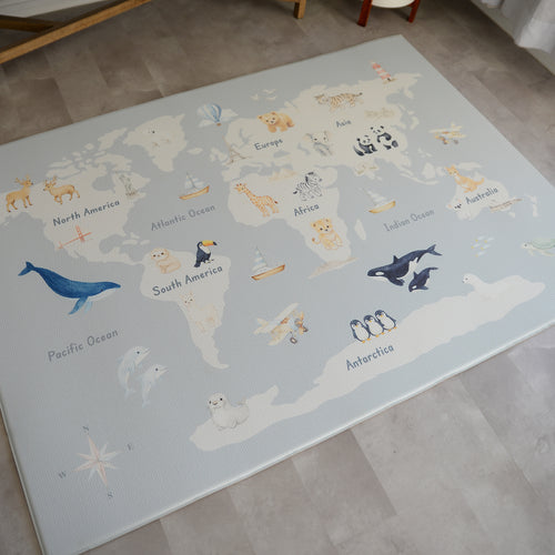 Large Padded Play Mat - English World Map/Herringbone (Beige)