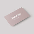 Pink gift card with 'kleintjie' branding on a light gray background