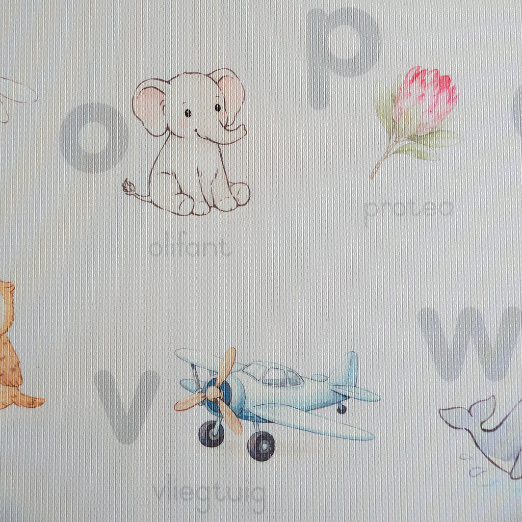 Afrikaans Alphabet play mat with an illustration of an elephant and an aeroplane