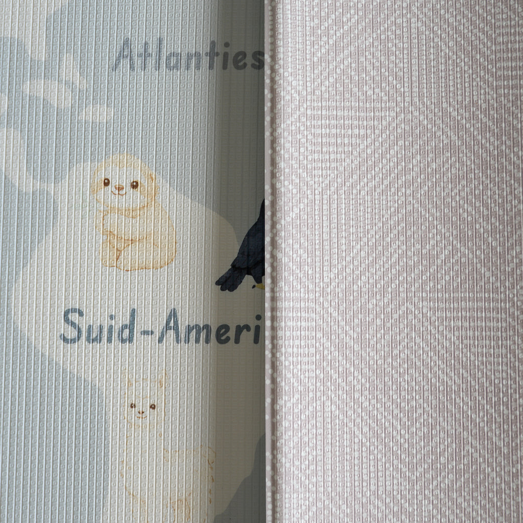 A reversible children's play mat with a world map design on the one side and a dots textured pattern on the other.