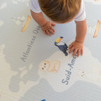 Child playing on a educational play mat with animal illustrations