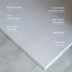 Technical feature text callouts of a foam play mat with a rainbow pattern