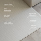 Technical feature text callouts of a foam play mat with a herringbone pattern