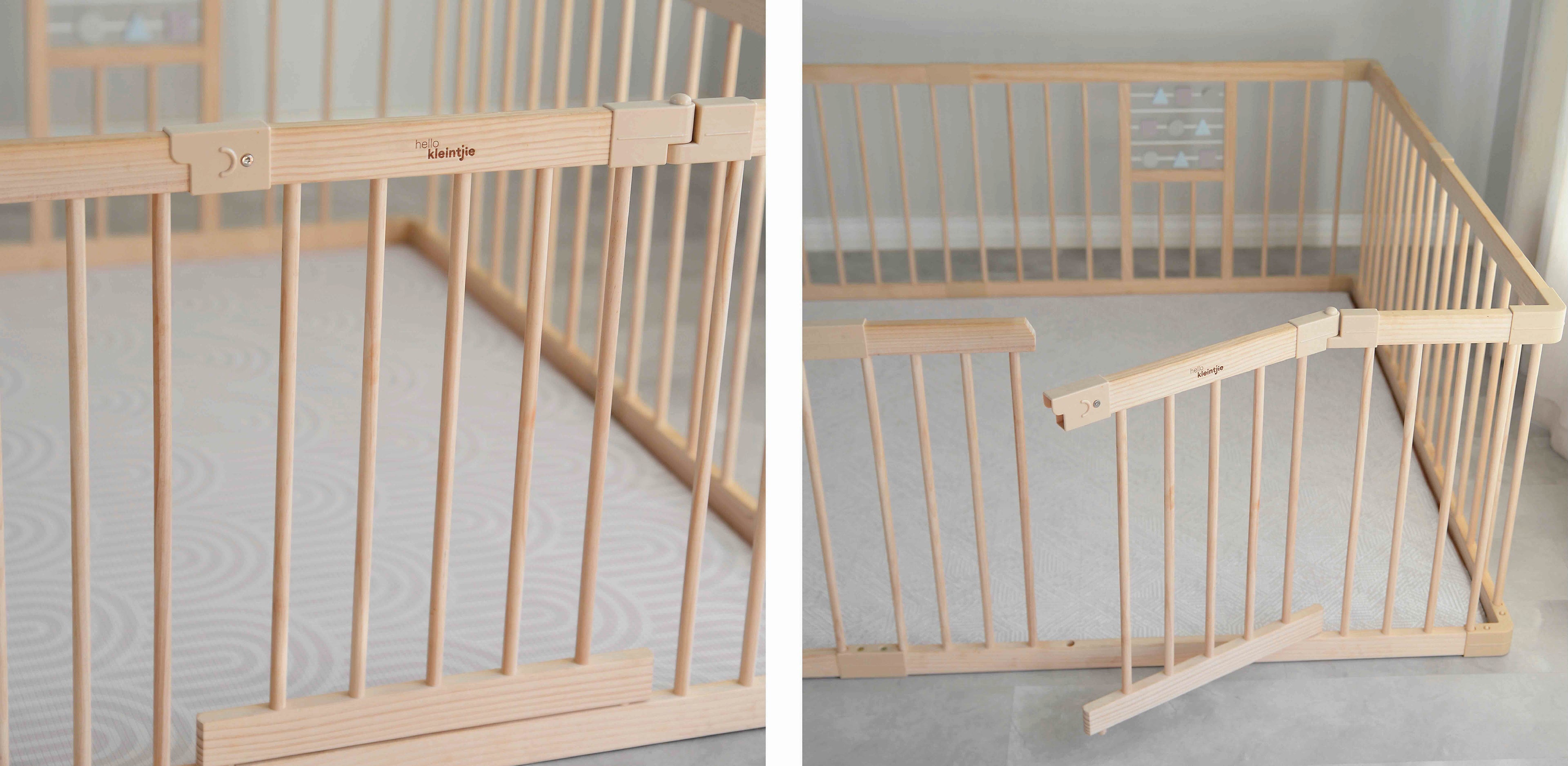 Wooden baby playpen gate shown in two different positions on a light-colored floor.